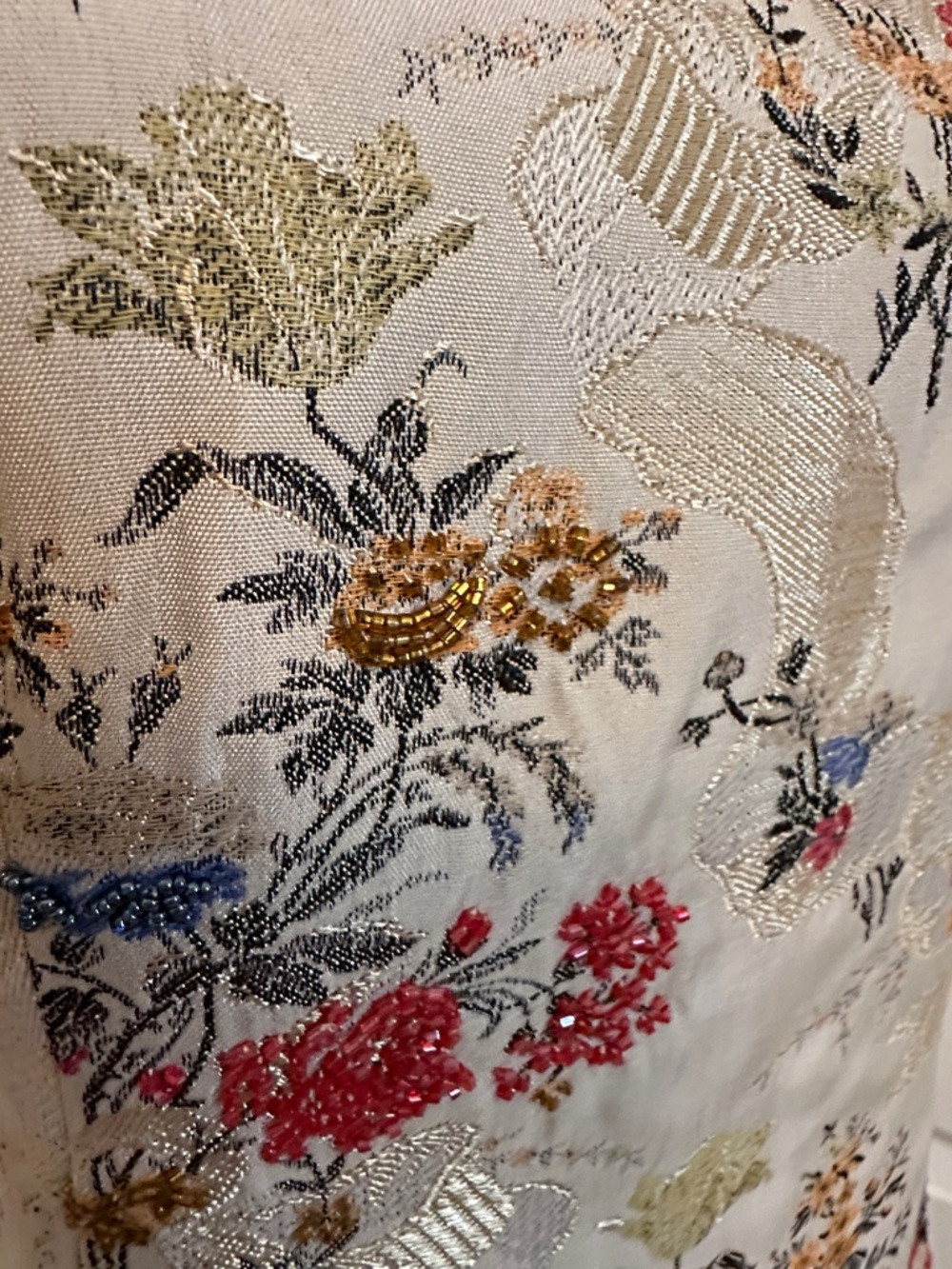 David Meister Beige Floral Midi Sheath Dress with Red and Blue Accents - Picture 3 of 6